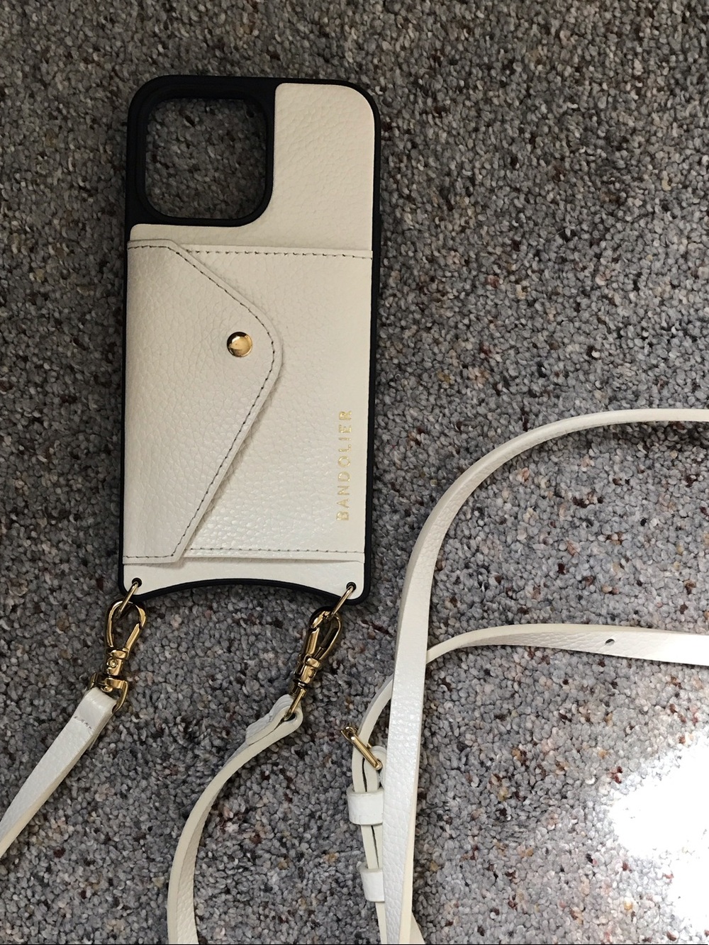 Bandolier Cream Leather Crossbody Phone Case for Apple 14 Pro with Gold Hardware
